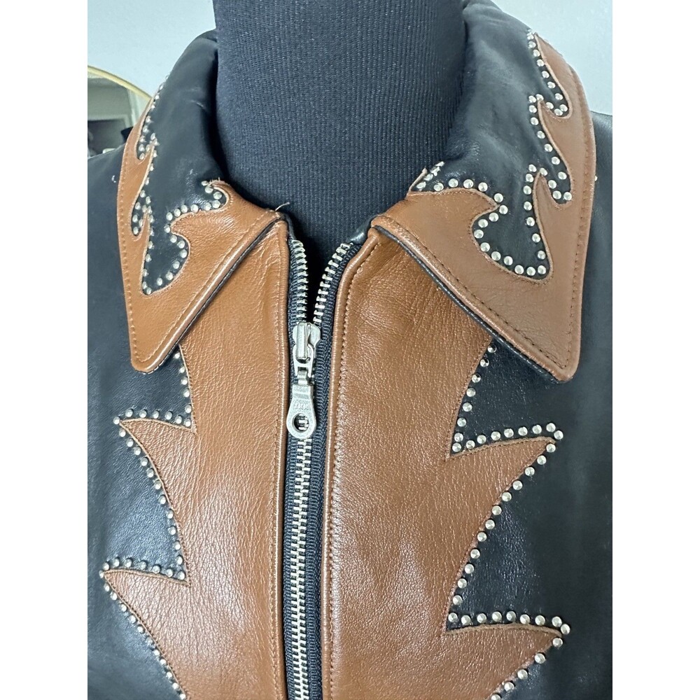 Overland Vintage Leather Western Studded Jacket Black Brown Cowgirl USA Made 14